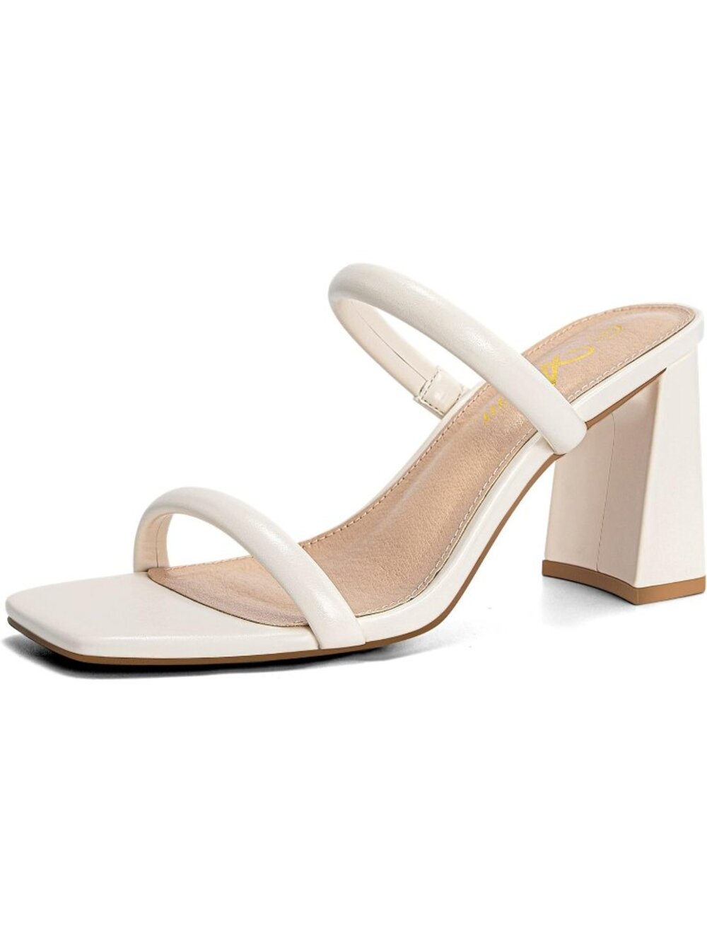 Women's Beige Square Open Toe Sandals Two Strap Mules Slip On Block Chunky Heel